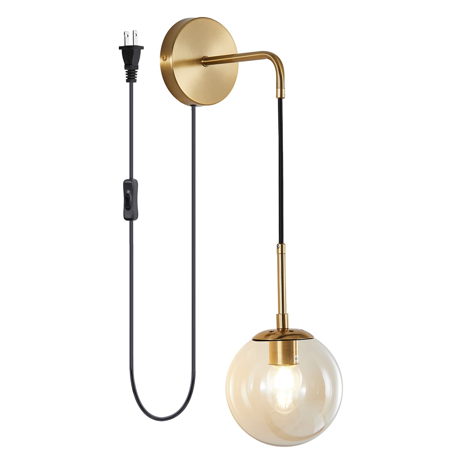 KCO Lighting Mid Century Modern Gold Globe Wall Lamp with Plug in Cord Minimalist Glass Ball Wall Sconce Vintage Industrial Wall Mounted Lighting Reading Light (Amber)