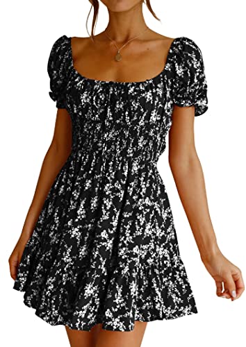 Image of Imily Bela Womens Summer Dress Ruffle Sleeve Sqaure Neck Smocked Sun Dress Casual Boho Beach Floral Mini Dress