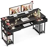 ODK Computer Desk, 63'' Office Desk with Keyboard Tray, Writting Desk with Drawers and Monitor Stand, Study Table with CPU Stand and Removable Shelf for Storage, Black