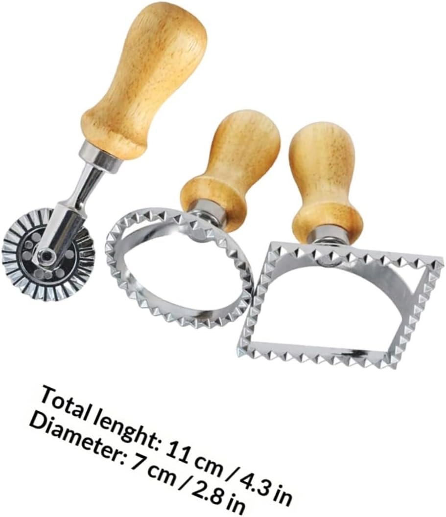 3pcs Zinc Alloy Ravioli Press and Stamp Set with Wooden Handle, Large, Square Cutter and Roller Wheel for DIY Pasta and Baking Tools in Kitchen