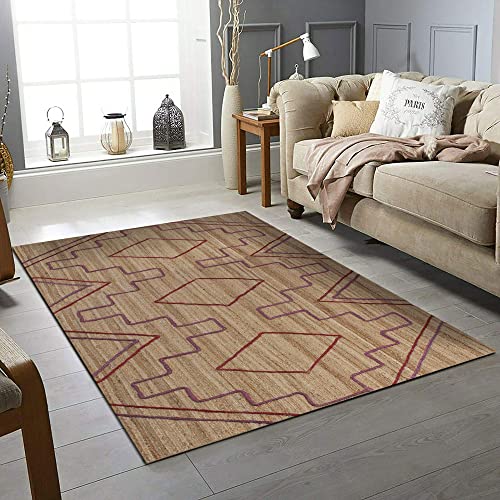 Tapis en jute naturelle résistant géométrique beige rouge pour salon
