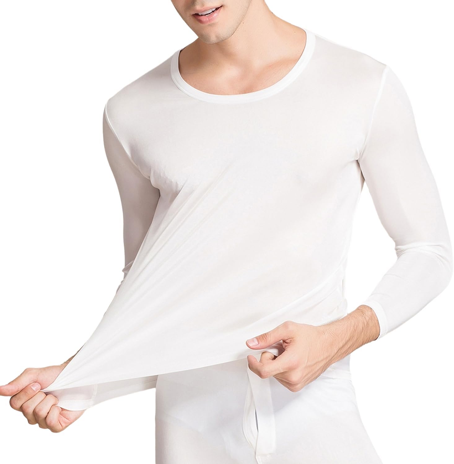 Men Silk Thermal Shirts Underwear Mulberry Silk Long Johns Top Scoop Neck Long Sleeve Base Layer Undershirts Blouse