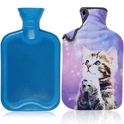 Hot Water Bottle & Cover Set,AUPET 2 Liters Premium Classic Rubber Hot Water Bottle with Super Luxurious Cozy Soft Flannel Cover Set, Great for Pain Relief, Hot and Cold Therapy (Purple Wish Cat)