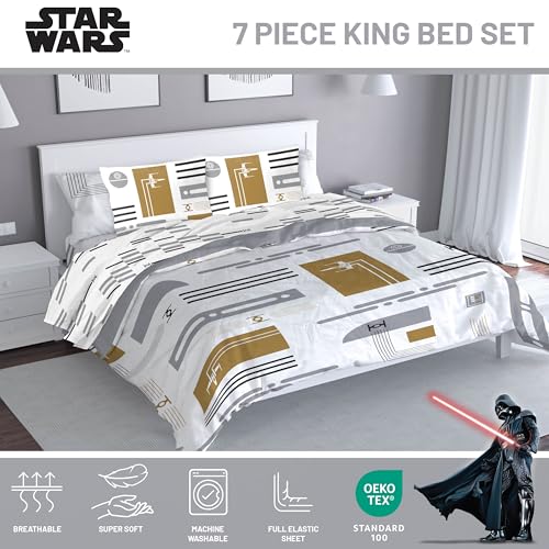 Image of Jay Franco Star Wars King Comforter Set 7 Piece Soft Modern Bedding, White | Bed in a Bag, Comforter Sheets Shams Pillowcases, Official Product, Soft Microfiber, Machine Washable, Fan Gift