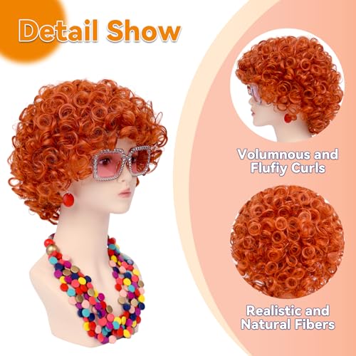 Image of Women Roper Curly Orange Red Cosplay Wig with Necklace Earrings and Sunglasses for Women Hallween Costume Wig