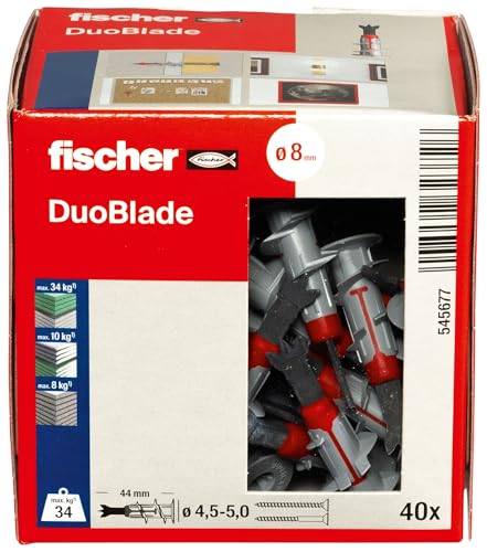 fischer DuoBlade selbstbohrender Gipskartondübel starker Dübel für einfache Montage in Gipskarton- und Gipsfaserplatten mit Zentrierspitze aus Metall 40 Stück