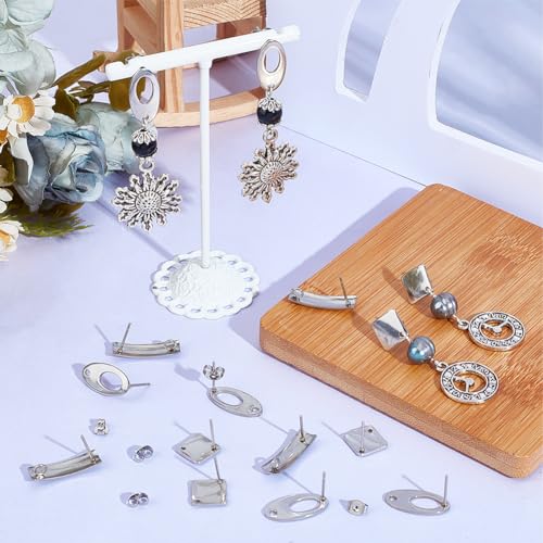 SUNNYCLUE 72Pcs Geometric Earring Posts Stainless Steel Earrings Post Findings Flat Square Rhombus Oval Silver Ear Backs Stud Supplies with Hole for DIY Ears jewellery Making Crafting Accessories - Image 4