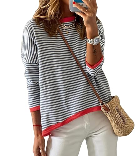Image of Womens 2024 Striped Long Sleeve Sweaters Fall Crewneck Color Block Shirts Knited Pullover Tops Side Split Dark Blue White