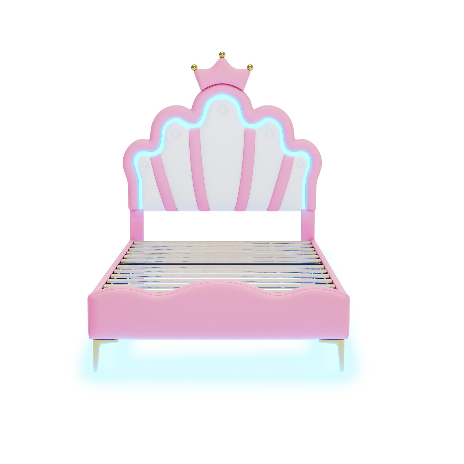 Lit Enfant Rembourré 90x200 cm pour Fille, Lit Princesse à Tête de Lit en Forme de Couronne, avec Bandeau LED Lumineux Réglable, PU Rose (sans Matelas)