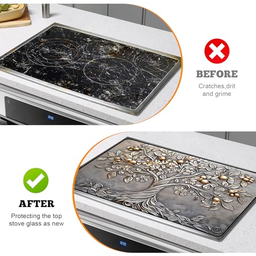 Image of Multi-Design Stove Top Cover for Glass /Electric Stoves - 3-in-1 Heat-Resistant Protector Mat, Non-Slip Drying Rack 28 inchx20 inch (Silver Fruit Tree, 28 inch L x 20 inch W)