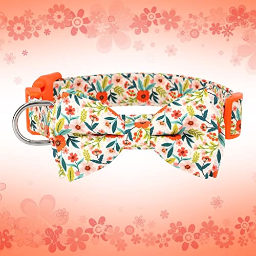 Didog Floral Dog Collar With Bow, Cute Girl Dog Collars With Detachable Bowtie, Soft & Comfy Spring Summer Dog Collar For Small Medium Large Dogs Gift Holiday, Orange, S #TOP4