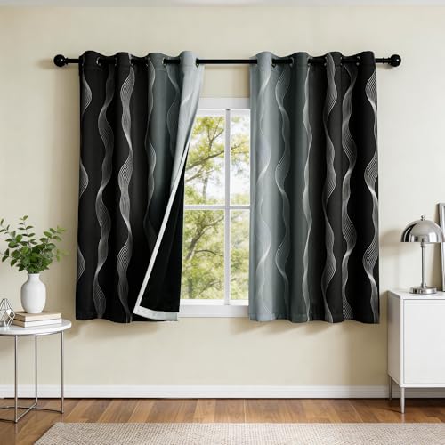 Image of MYSKY HOME Black and Greyish White 95% Blackout Ombre Patterned Curtains 63 inch Length 2 Panels for Bedroom Thermal Insulated Energy Saving Wave Line Foil Print Design Grommet Drapes, 52 inch W