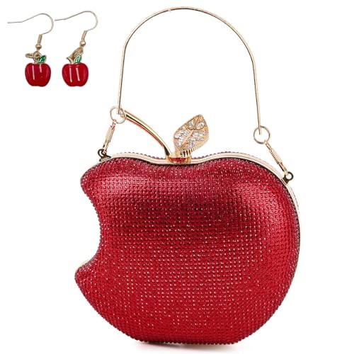 pearl&she Sparkly Apple Shape Clutch red hearts Rhinestone Mini Handbags Women Evening Bags...