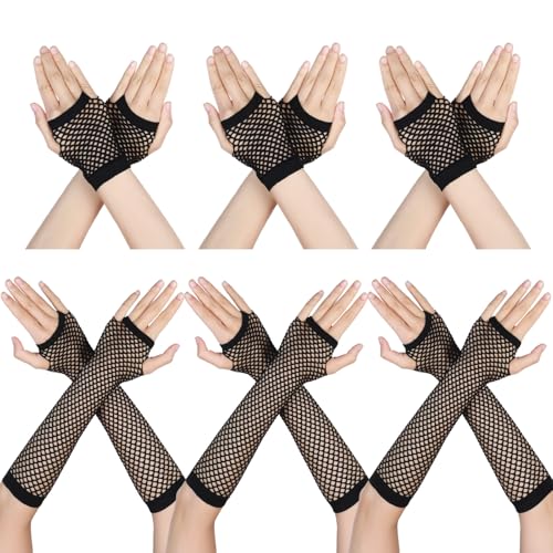 HaiFafafaing 6 Paar Schwarze Netz Handschuhe Damen Netzhandschuhe Fingerlose Lang und Kurz Netzhandschuhe Damen Retro Nylon Netz Mesh Handschuhe 80er Jahre Halloween Cosplay Kostümzubehör