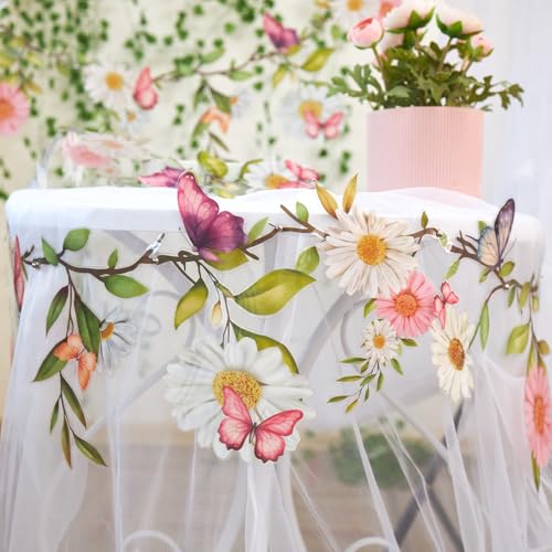 Image of SUNBEAUTY Garden Party Flower Banner Reusable Wildflower Garland for Enchanted Garden Woodland Tropical Theme Wedding Baby Shower Birthday Tea Supplies Girl Decorations - 2 Pcs