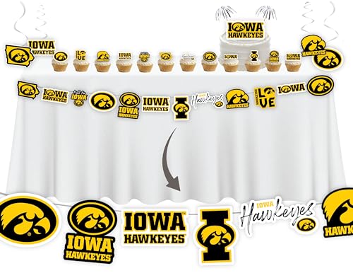 Iowa Hawkeyes Fournitures de fête pour Hawks Football, cadeau d'anniversaire, bannière de fête de remise de diplôme et décorations de gâteaux (42 pièces) (Iowa Hawkeyes)