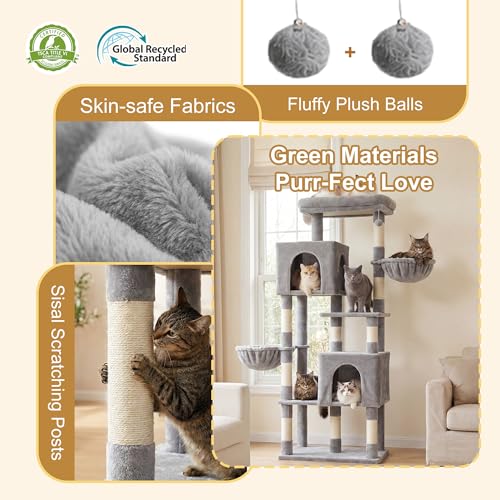 Image of Heybly 68.1 inch Cat Tree with Oversized Top Platform & Wide Base HCT059W | Heavy Duty Cat Tower for Large Indoor Cats with 2 Condos, 2 Hammocks, 10 Sisal Scratching Posts, Stable Cat House, Light Gray