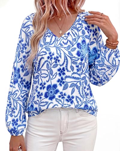 Zenlonr Women's Summer Tops Dressy Casual 2026 V Neck Satin Silk Printed Shirts Boho Long Sleeve Work Blouses(Floral Blue,Medium) — view 2