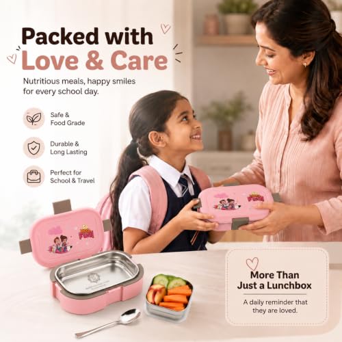Image of Stainless Steel Lunch Box | Tiffin Box for School Office College | Lunch Box with Spoon & Small Container (Pink 1 Brunch Box)
