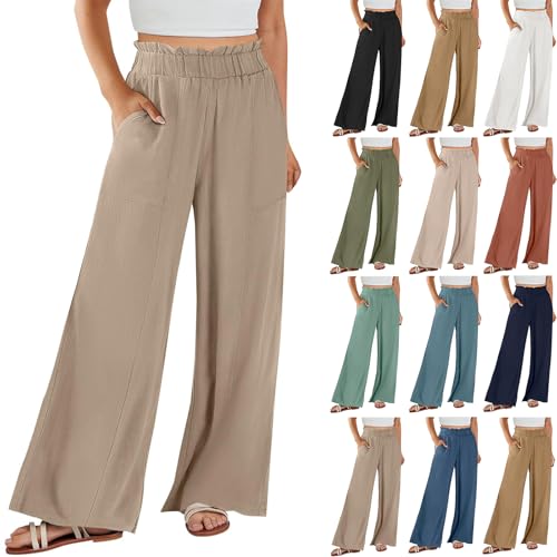 Women Linen Pants Summer Wide Leg Pants with Pockets Ruffle Palazzo Pant Flowy Boho Travel Beach Pant