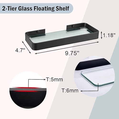 Miniatura 3 de Z metnal Estantes de baño de vidrio pequeños modernos, organizador de inodoro pequeño, estante flotante de baño negro mate, mini estante de pared de