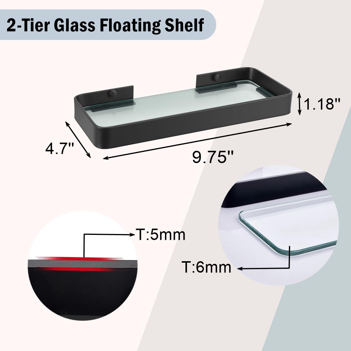 Z metnal Small Tempered Glass Floating Shelves, 25cm Black Aluminum Bathroom Shelf With Clear Glass - Image 2