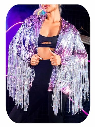 EVILD Women’s Sequin Fringe Jacket Pink Sparkly Blazer Jackets Glitter Tassel Outfits