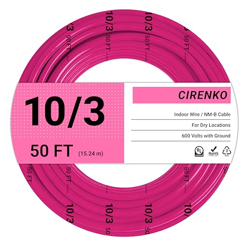 CIRENKO 10/3 NM-B Cable 50 FT UL Listed Residential Indoor Electrical Wire 3 Conductors with Ground Solid Bare Copper 600V