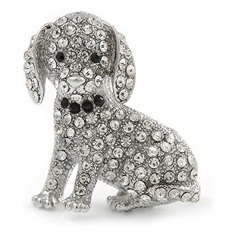 Crystal Puppy Dog Brooch In Silver Tone - 37mm Tall Cover