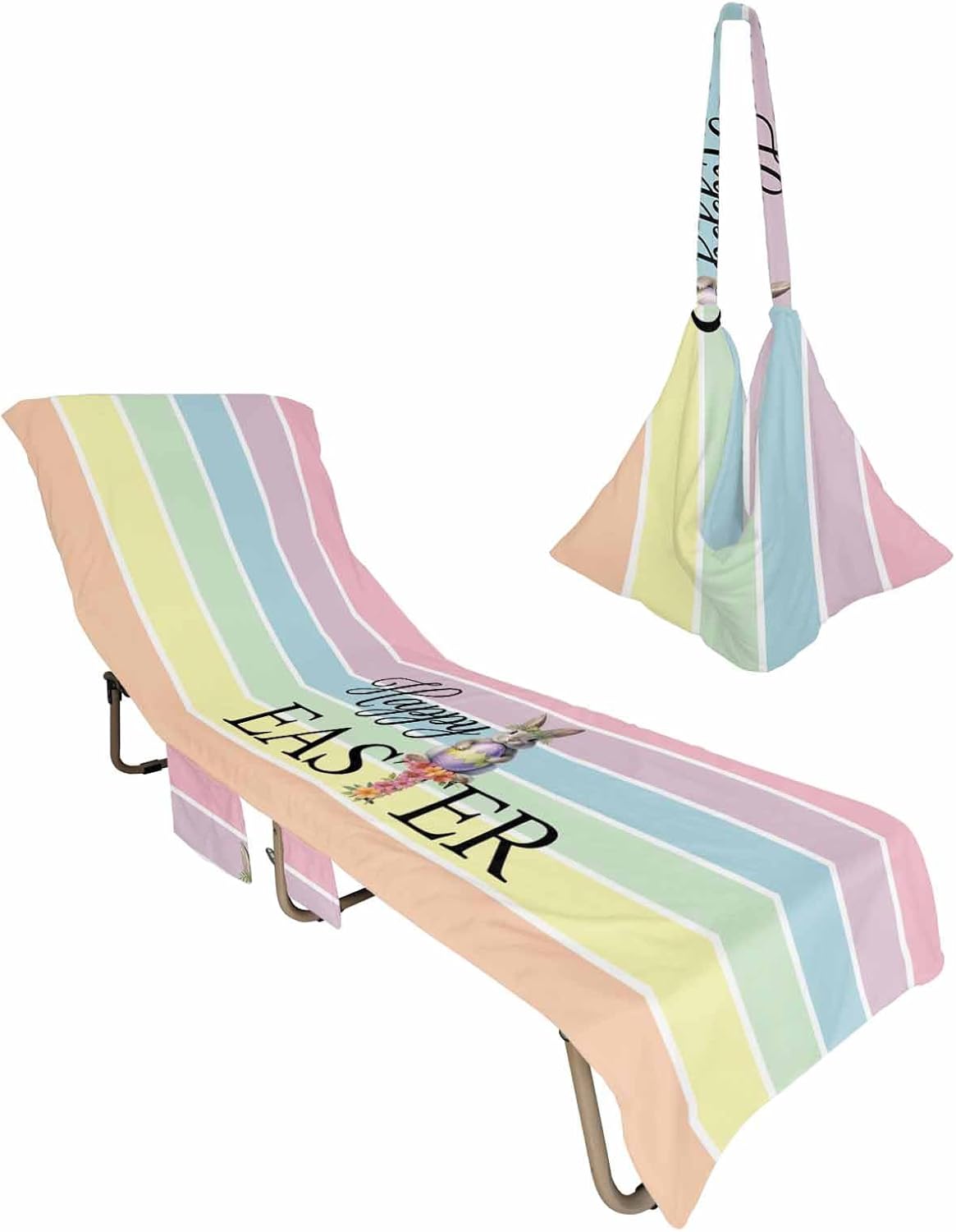 Easter Rabbit Beach Pool Patio Lounge Chaise Chair Cover Towel With Pockets,Absorbent & Quick Dry Microfiber Towel Cover Bag Summer Accessories for Sunbathing Geometric Stripes Bunny Egg Spring Flower
