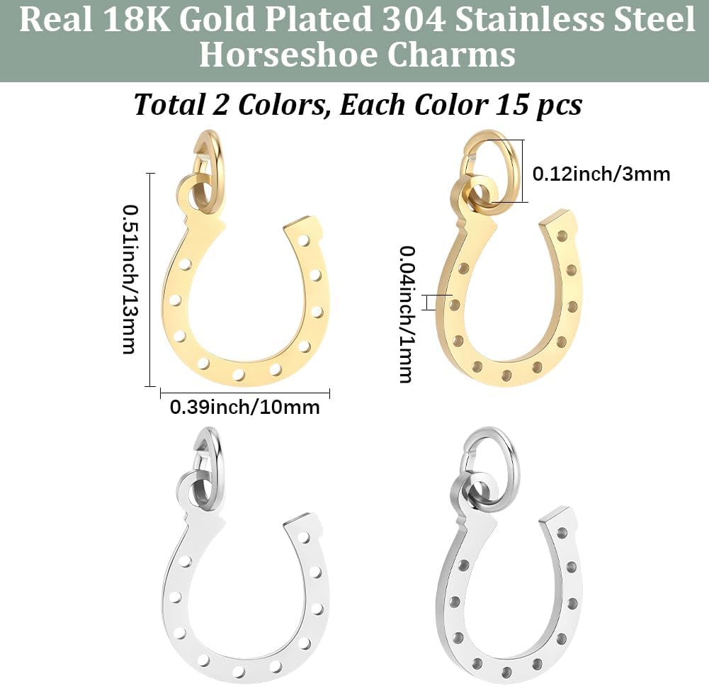 Beebeecraft 30Pcs 2 Colors Horseshoes Charms 18k Real Gold Plated 304 Stainless Steel Western Cowboy Horse Good Luck Charms for Jewelry Making Bracelets Necklace DIY Crafts