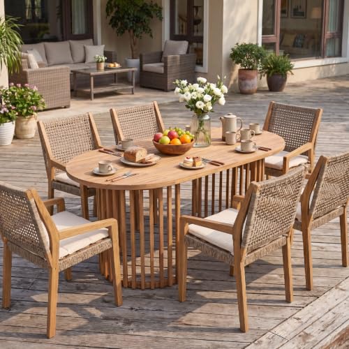 Merax 7-Piece Light Teak Acacia Wood Outdoor Dining Set | 1 Oval Slatted Table + 6 Brown Mix Wicker Arm Chairs, Water Resistant Cream Cushions for Patio Pool Backyard
