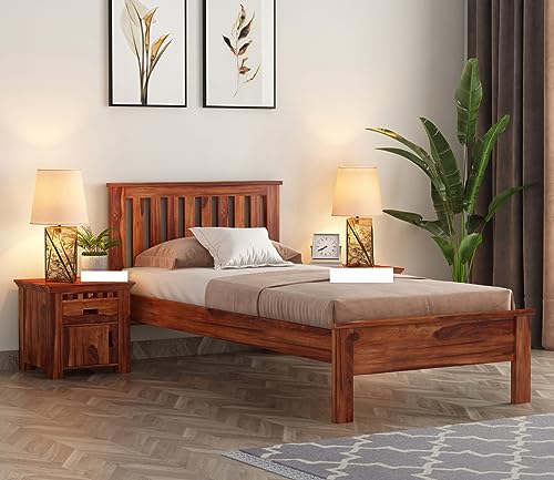 Image of BM WOOD FURNITURE Solid Sheesham Wood Single Bed Without Storage - Elegant and Functional Bedroom Furniture (Walnut Finish)
