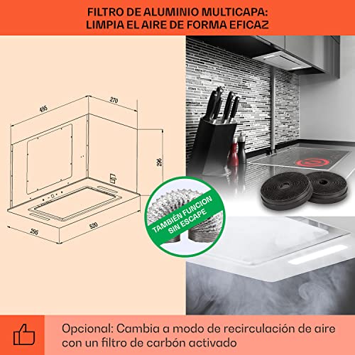 Klarstein-Hektor-Eco-Campana-extractora-52-cm-Encastrable-Extraccion-max-de-566-mh-200-W-3-potencias-Temporizador-Control-tactil-LEDs-Parte-inferior-de-cristal-Acero-inoxidable-Blanco