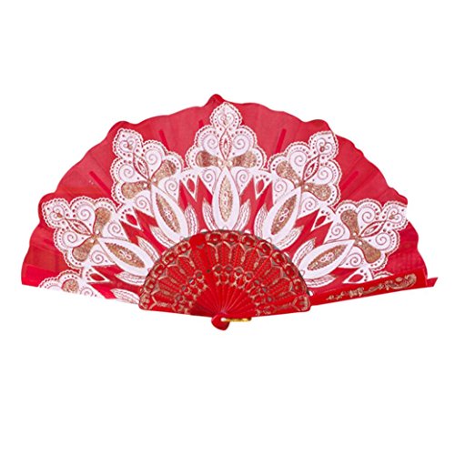 SOthread Hand Folding Fan Chinese/Spanish Style Dance Wedding Party Lace Silk Folding Hand Held Flower Fan (Red)
