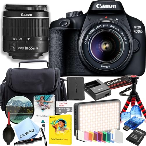 Canon EOS 4000D / Rebel T100 DSLR Camera w/EF-S 18-55mm F/3.5-5.6 Zoom Lens + 64GB Memory, LED Video Light, Filter, Tripod and More (Renewed)