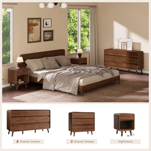 Image of Nasonet 9 Drawer Dresser for Bedroom, Mid Century Modern Wood Chest of Drawers, Wide Storage Drawer Dresser TV Stand, Walnut