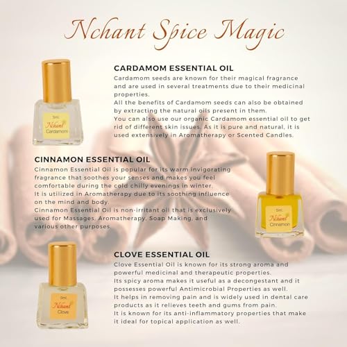 Image of N'chant Spice Magic Essential Oil Set of 3 (3 x 5ml) | Cardamom, Cinnamon and Clove | 100% Pure | Better Oral Health, Alleviate Headache | Use for Aromatherapy | Diffuser Usable