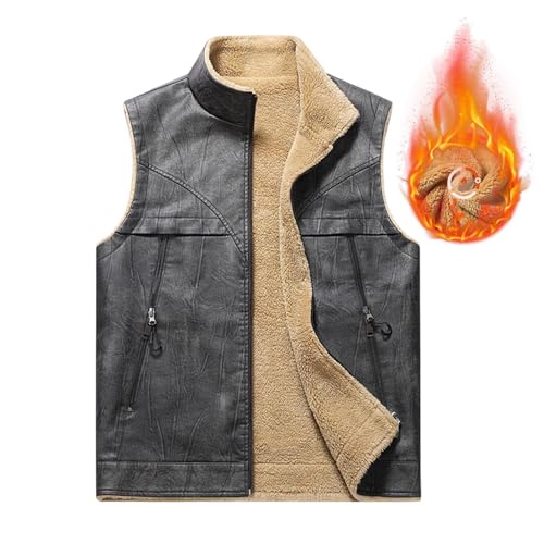 Mens Winter Faux Leather Vests Stand Collar Fleece Lined Vest Warm Casual Sherpa Sleeveless Jacket with Zip Pockets2