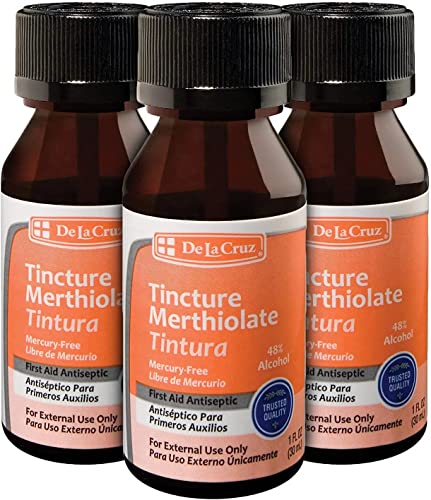 De La Cruz Merthiolate Tincture Antiseptic - First Aid for Minor Cuts Scrapes and Burns - Mercury-Free Formula Safe for The Entire Family (3 Bottles)