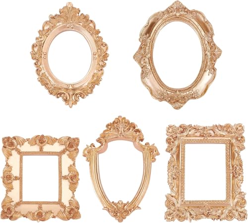 FINGERINSPIRE 5 cornici Vintage in Resina (5 Diverse Forme e Dimensioni), Cornice Rettangolare Ovale in Resina con Fiore in Oro Senza Vetro, da Tavolo per la Fotografia Decorazione della casa