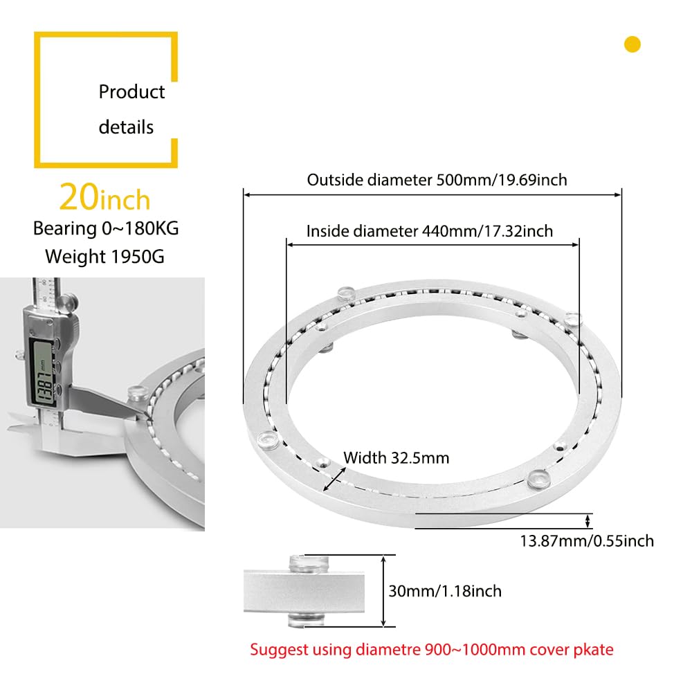 Piastra Girevole con Cuscinetto 360 Gradi per Tavolo, Grande Piattaforma Girevole Centrotavola Rotante in Alluminio per Pranzo Torte TV Monitor Stand (50cm(20in-Quiet))