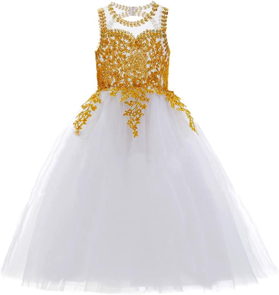 Formal Little Girls Long Pageant Dresses Prom Ball Gown Gold Lace Burgundy Tulle