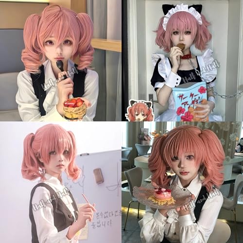 Image of Half and Half Short Pink Curly Anime Ponytail Wig Deep Pink Wave Twin Tails Lolita Wigs with Bangs for Karuta Roromiya Cosplay Women Halloween Party Daily