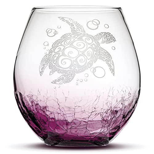 Integrity Bottles Tribal Sea Turtle Design, Stemless Wine Glass, Handmade, Handblown, Hand Etched Gifts, Sand Carved, 18oz (Crackle Purple)