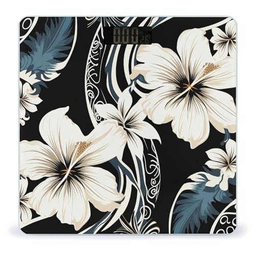 Báscula digital de baño con flores hawaianas blancas y negras