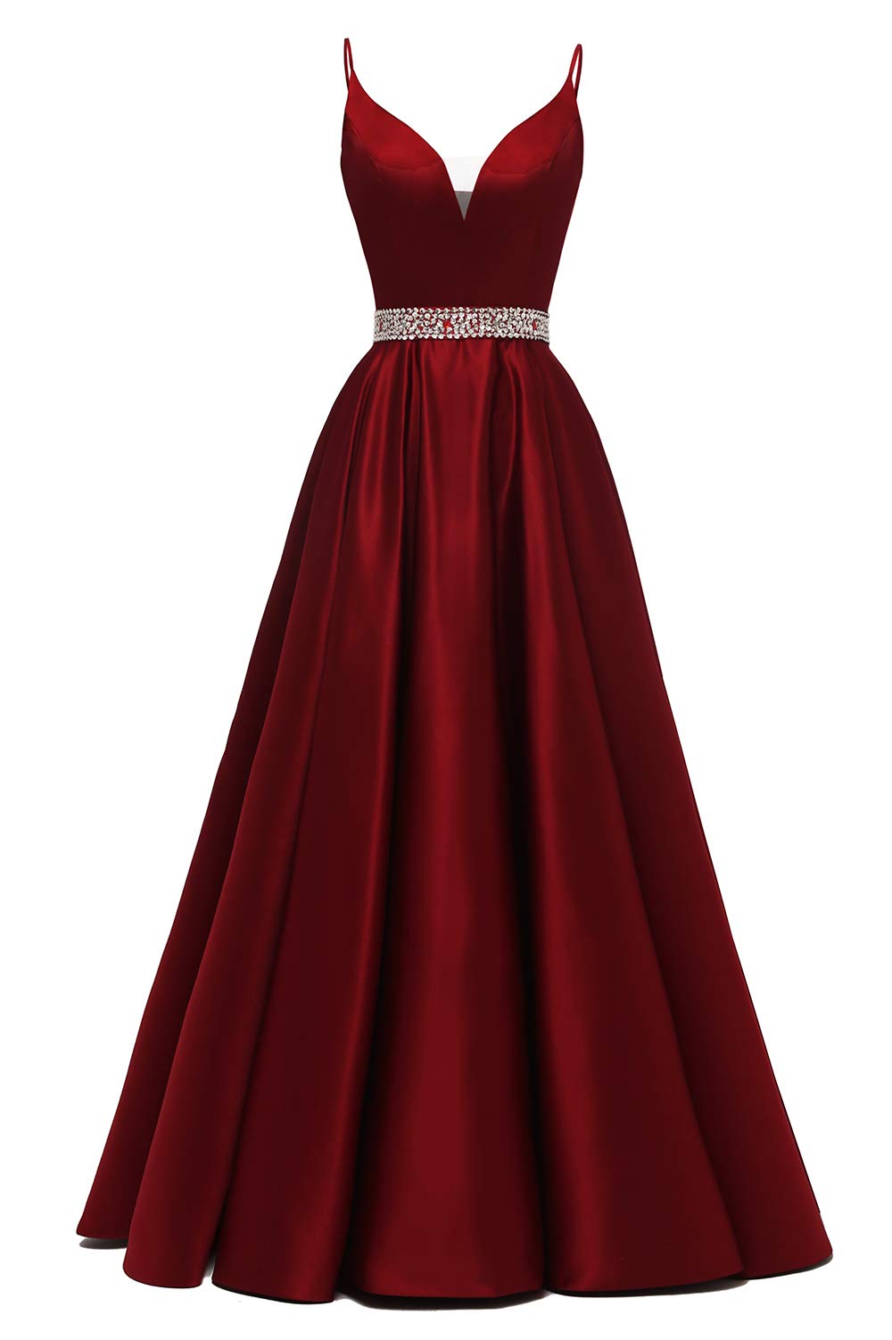 Glitter Spaghetti Straps Prom Dress Long Beaded Satin V-Neck Formal Evening Gowns