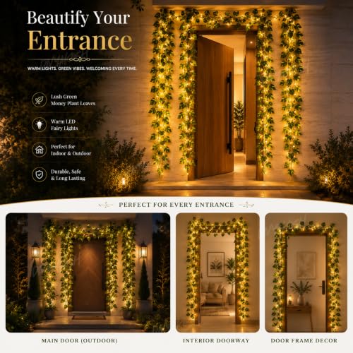 Image of Divyakosh Artificial Money Plant Creepers (Pack of 4) with Warm White LED Lights (Pre-Assembled), Artificial Plants for Home Decor, Living Room, Hanging Plants, Fake Plants, Green Leaf Decoration