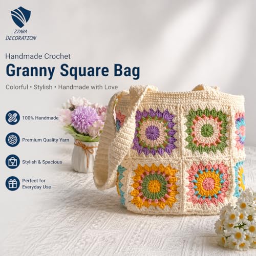 Image of Handcrafted Crochet Cotton Shoulder Bag, Handmade Granny Square Pattern Medium Size, Bohemian Style Beautiful Multicolor Handbag