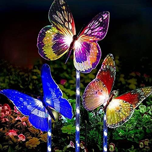 Garden Solar Lights Outdoor, Solar Stake Lights Multi-Color Changing LED Butterfly Garden Decor, Fiber Optic Butterfly Decorative Lights with a Purple LED Light Stake